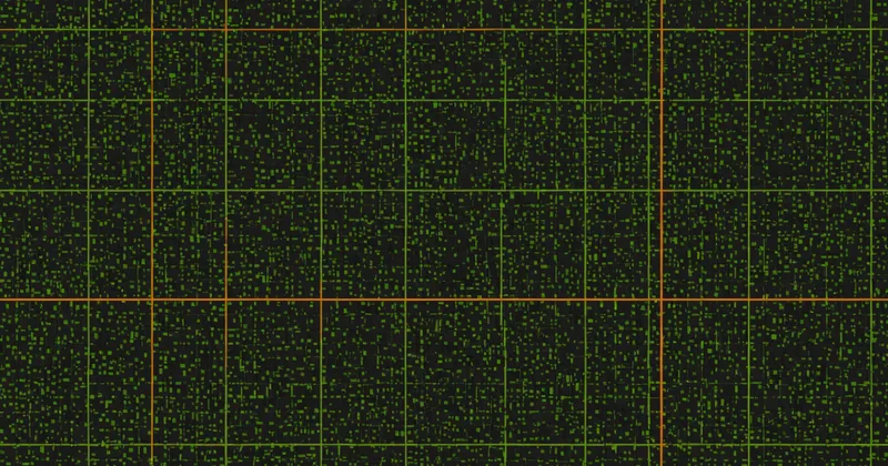 Abstract code coverage visualization with glowing green covered paths on dark background