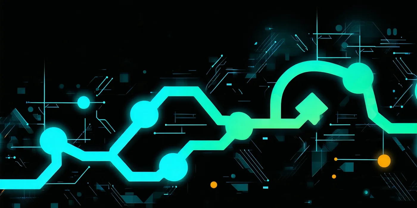 Dark abstract visualization of a pull request lifecycle, cyan arrows and merge indicators on dark background